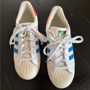 Adidas White and Blue Sneakers with Red Heel